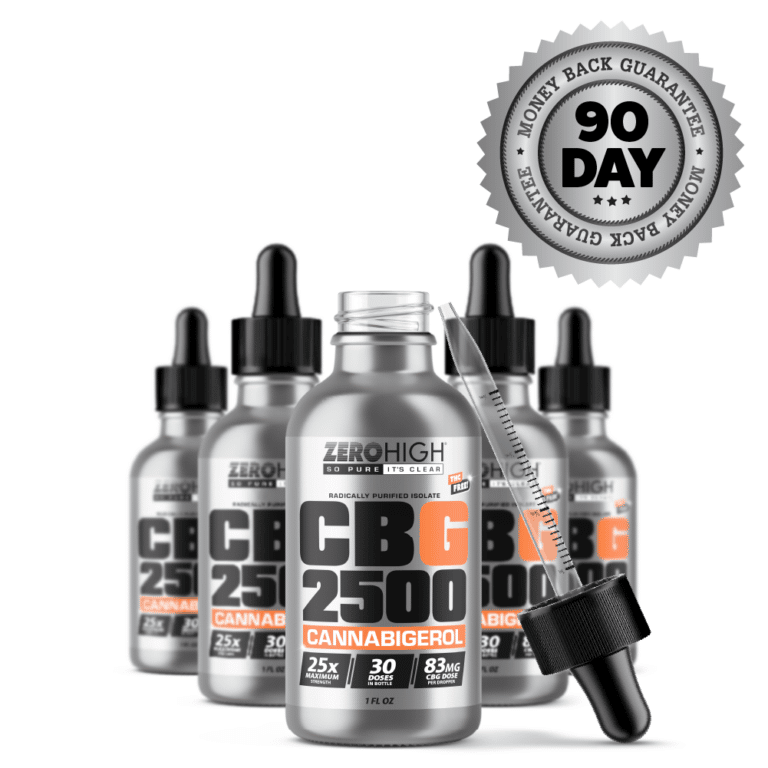 Zero High Pure Isolate CBG Oil With No THC - 2500MG Super Strength Cannabigerol Formula - Six Bottles With Dropper And Satisfaction Guarantee Seal