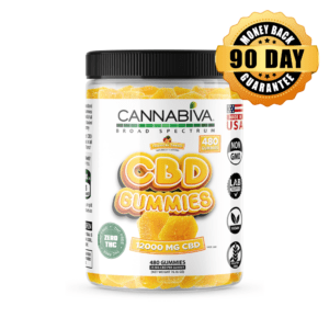THC-Free Cannabiva CBD 12000 mg Broad Spectrum Gummies in Tropical Tango flavor featuring a 90-day money-back guarantee