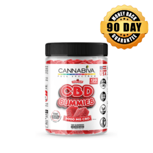 Cannabiva CBD 3000 mg Full Spectrum Hemp Gummies Cherry Bliss flavor featuring a 90-day money-back guarantee.