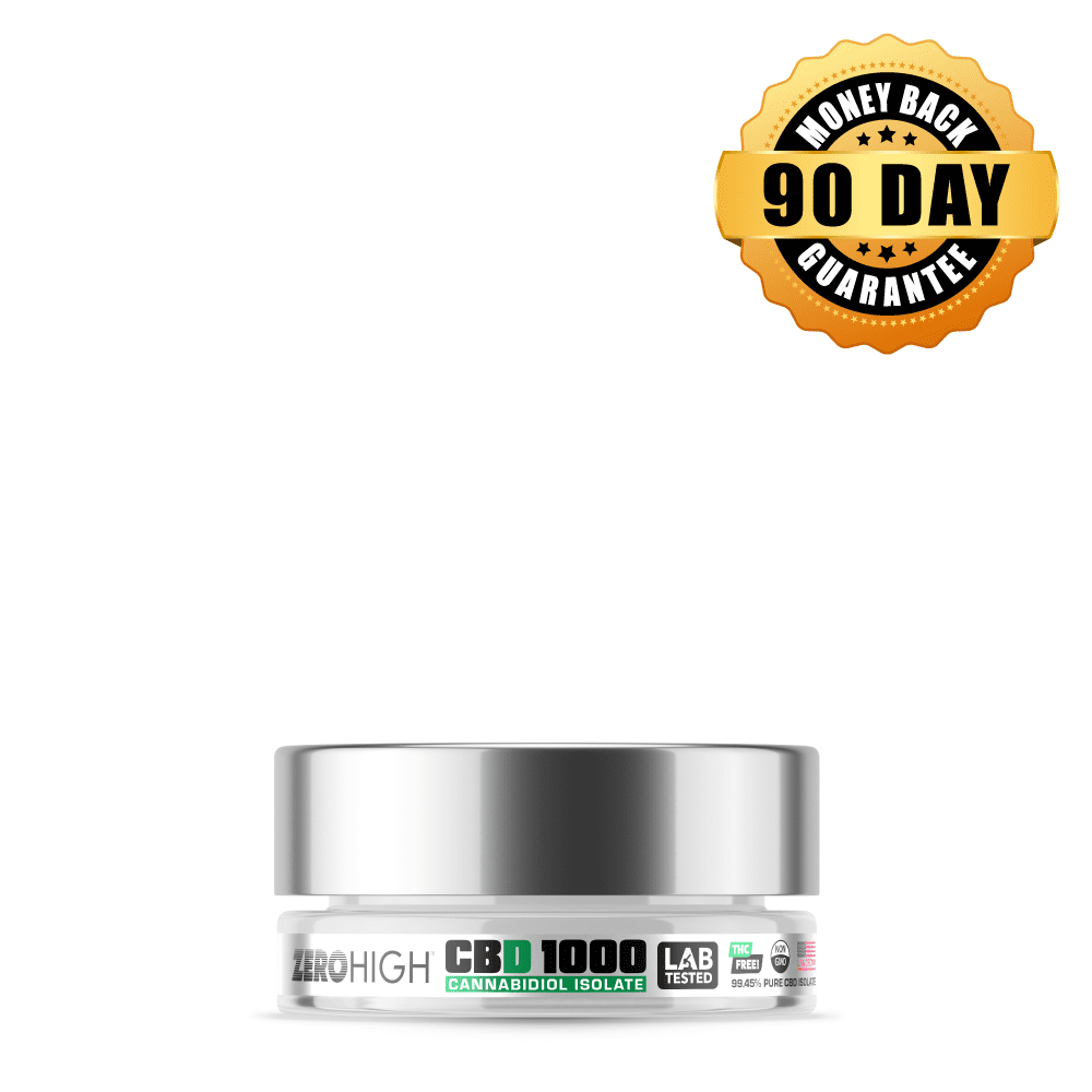 THC-Free Zero High CBD 1000 mg isolate powder featuring a 90-day money-back guarantee