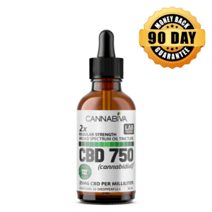 THC-Free Cannabiva CBD 750 mg Broad Spectrum Oil Tincture featuring a 90-day money-back guarantee