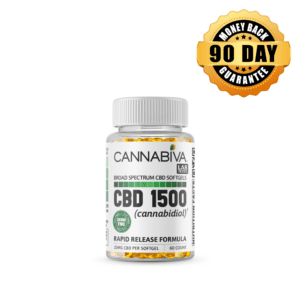 THC-Free 1500 mg Broad Spectrum CBD Softgels Nutrition Facts information featuring a 90-day money-back guarantee
