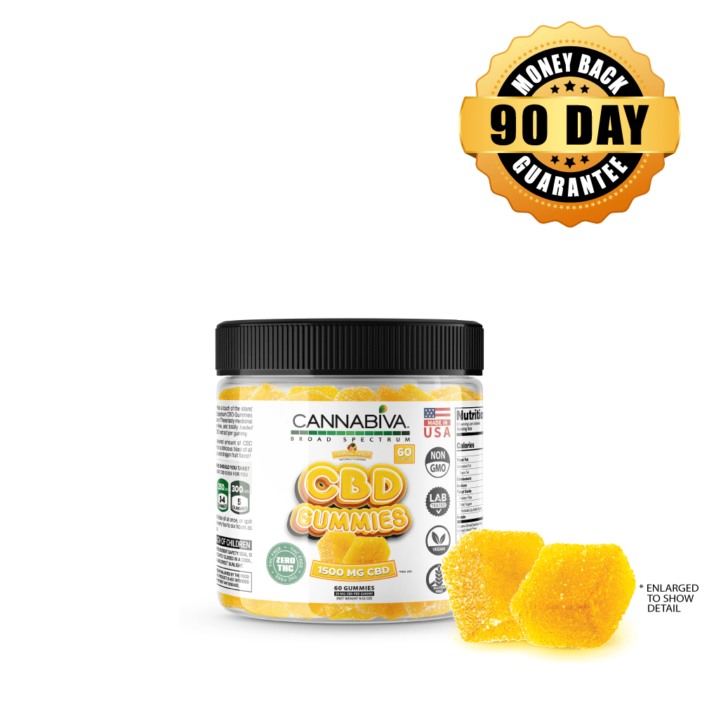 Buy CBD 1500 mg THC-Free Broad Spectrum Tropical Tango Gummies 1-bottle package Buy 1 bottle of Cannabiva 1500 mg THC-Free Broad Spectrum CBD Gummies in Tropical Tango flavor, featuring 25 mg CBD per gummy with 60 gummies per bottle