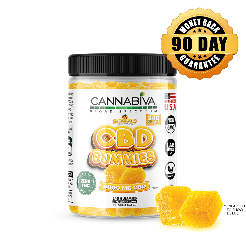Buy THC-Free CBD 6000 mg Broad Spectrum Tropical Tango Gummies 1-bottle package Buy 1 bottle of Cannabiva 6000 mg THC-Free Broad Spectrum CBD Gummies in Tropical Tango flavor, featuring 25 mg CBD per gummy with 240 gummies per bottle