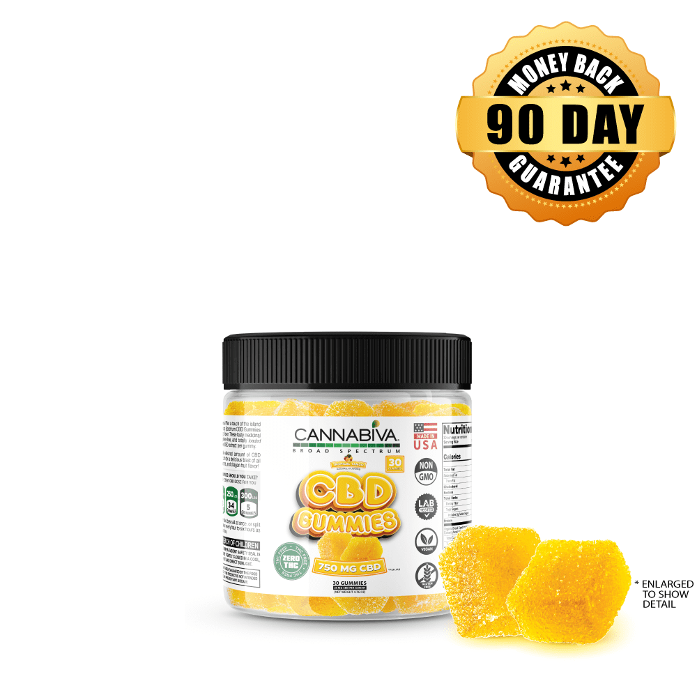 Buy CBD 750 mg THC-Free Broad Spectrum Tropical Tango Gummies 1-bottle package Buy 1 bottle of Cannabiva 750 mg THC-Free Broad Spectrum CBD Gummies in Tropical Tango flavor, featuring 25 mg CBD per gummy with 30 gummies per bottle