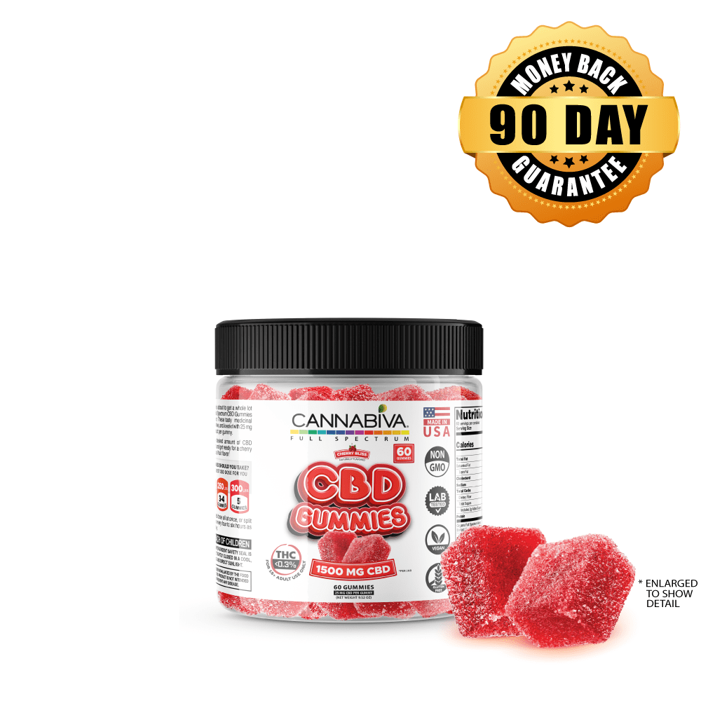 Buy CBD 1500 mg Full Spectrum Cherry Gummies 1-bottle package Buy 1 bottle of Cannabiva 1500 mg Full Spectrum CBD Gummies in natural cherry flavor, featuring 25 mg CBD per gummy with 60 gummies per bottle