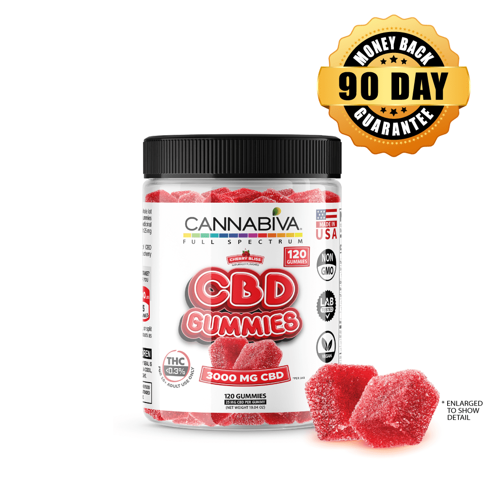 Buy CBD 3000 mg Full Spectrum Cherry Gummies 1-bottle package Buy 1 bottle of Cannabiva 3000 mg Full Spectrum CBD Gummies in natural cherry flavor, featuring 25 mg CBD per gummy with 120 gummies per bottle