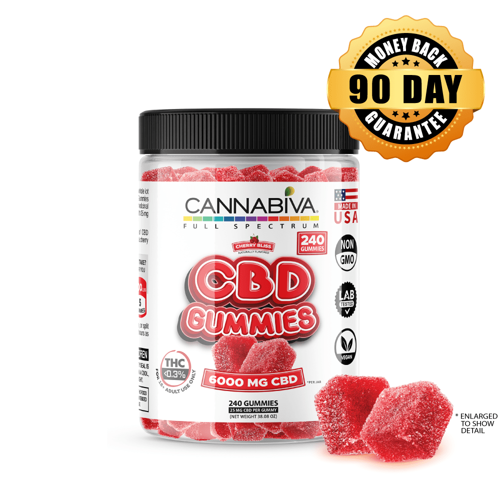Buy CBD 6000 mg Full Spectrum Hemp Gummies 1-bottle package Buy 1 bottle of Cannabiva 6000 mg Full Spectrum CBD Gummies, featuring 25 mg CBD per gummy with 240 gummies per bottle
