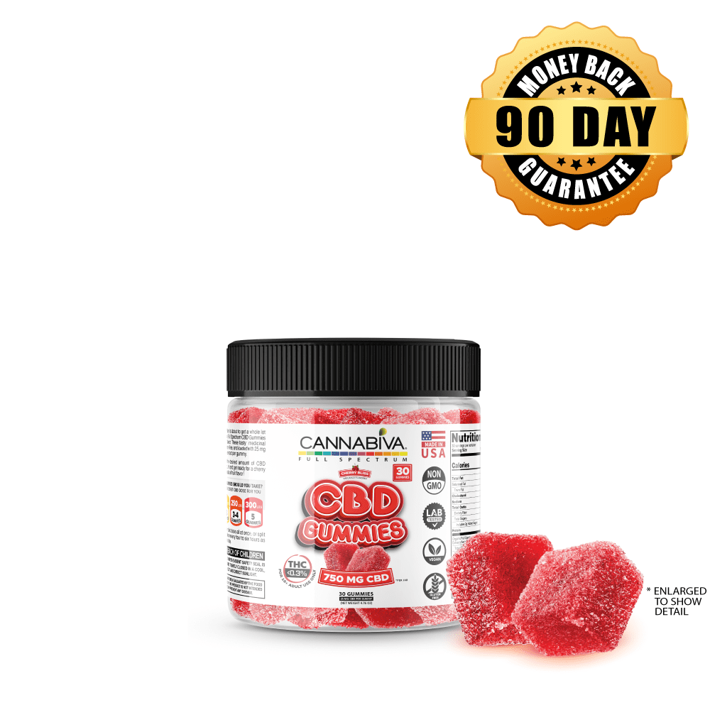 Buy CBD 750 mg Full Spectrum Cherry Gummies 1-bottle package Buy 1 bottle of Cannabiva 750 mg Full Spectrum CBD Gummies in natural cherry flavor, featuring 25 mg CBD per gummy with 30 gummies per bottle
