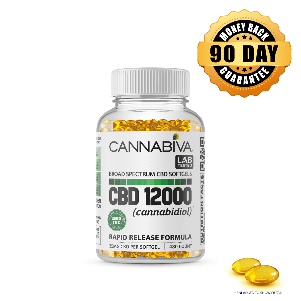 Buy CBD 12000 mg THC-Free Broad Spectrum Hemp Softgels 1-bottle package Buy 1 bottle of Cannabiva 12000 mg THC-Free Broad Spectrum CBD Softgels, featuring 25 mg CBD per softgel with 480 softgels per bottle