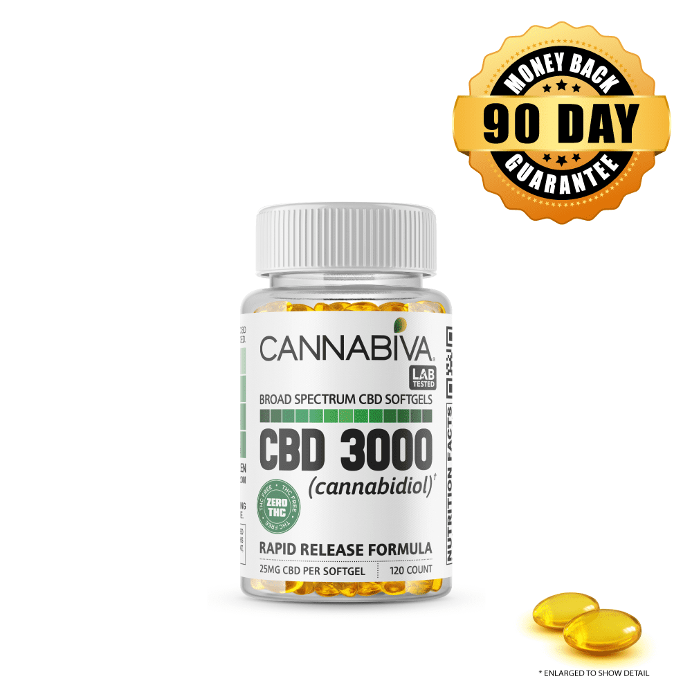 Buy CBD 3000 mg THC-Free Broad Spectrum Hemp Softgels 1-bottle package Buy 1 bottle of Cannabiva 3000 mg THC-Free Broad Spectrum CBD Softgels, featuring 25 mg CBD per softgel with 120 softgels per bottle