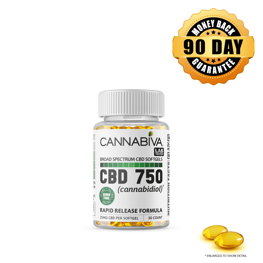 Buy CBD 750 mg THC-Free Broad Spectrum Hemp Softgels 1-bottle package Buy 1 bottle of Cannabiva 750 mg THC-Free Broad Spectrum CBD Softgels, featuring 25 mg CBD per softgel with 30 softgels per bottle