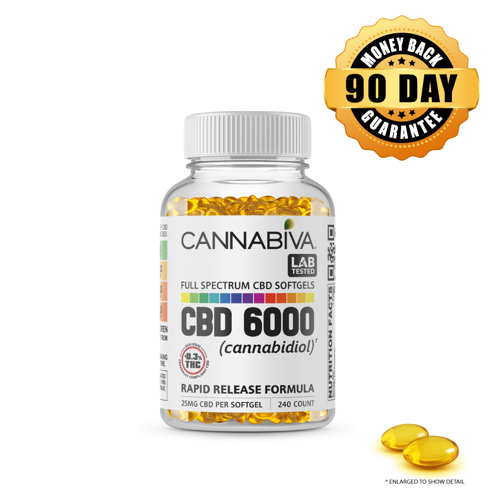 Buy CBD 6000 mg Full Spectrum Hemp Softgels 1-bottle package Buy 1 bottle of Cannabiva 6000 mg Full Spectrum CBD Softgels, featuring 25 mg CBD per softgel with 240 softgels per bottle