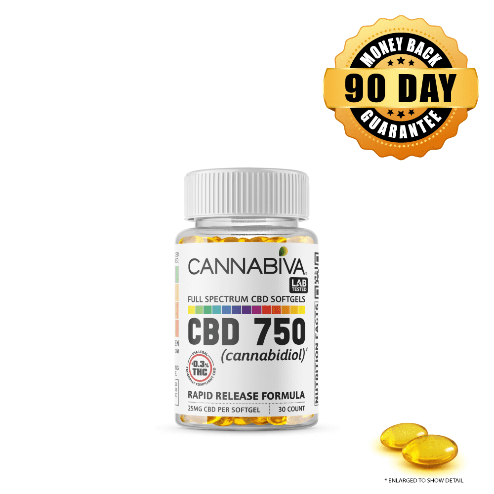 Buy CBD 750 mg Full Spectrum Hemp Softgels 1-bottle package Buy 1 bottle of Cannabiva 750 mg Full Spectrum CBD Softgels, featuring 25 mg CBD per softgel with 30 softgels per bottle