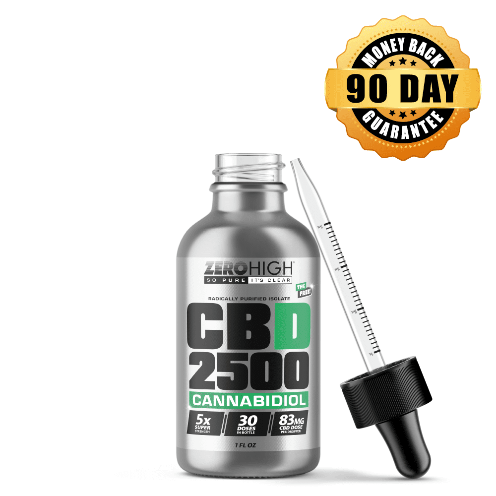THC-Free CBD 2500 mg Cannabidiol (CBD) Isolate Oil Tincture open bottle with dropper leaning on the right side of the bottle