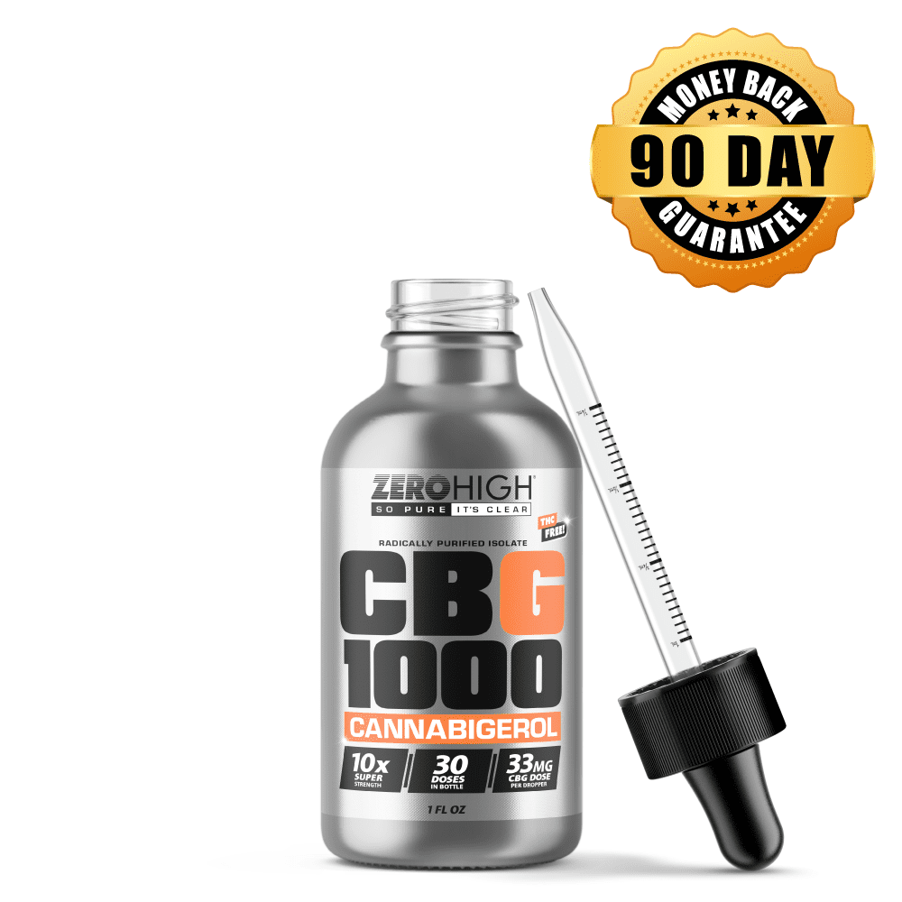 THC-Free CBG 1000 mg Isolate Oil Tincture one open bottle THC-Free CBG 1000 mg Cannabigerol (CBG) Isolate Oil Tincture open bottle with dropper leaning on the right side of the bottle