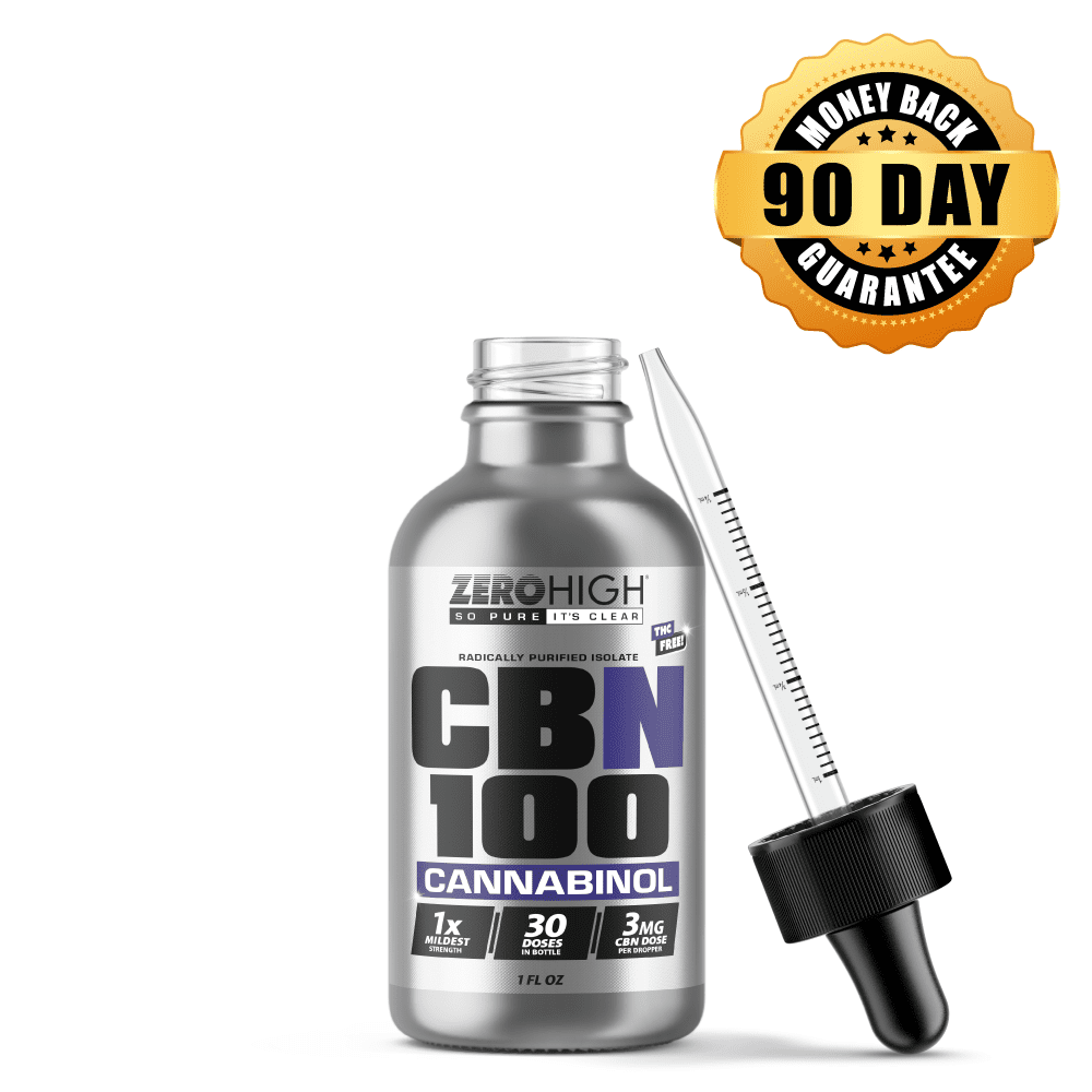 THC-Free CBN 100 mg Isolate Oil Tincture one open bottle THC-Free CBN 100 mg Cannabinol (CBN) Isolate Oil Tincture open bottle with dropper leaning on the right side of the bottle