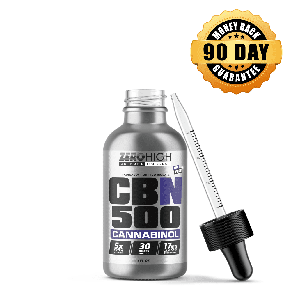 THC-Free CBN 500 mg Cannabinol (CBN) Isolate Oil Tincture open bottle with dropper leaning on the right side of the bottle THC-Free CBN 500 mg Isolate Oil Tincture one open bottle
