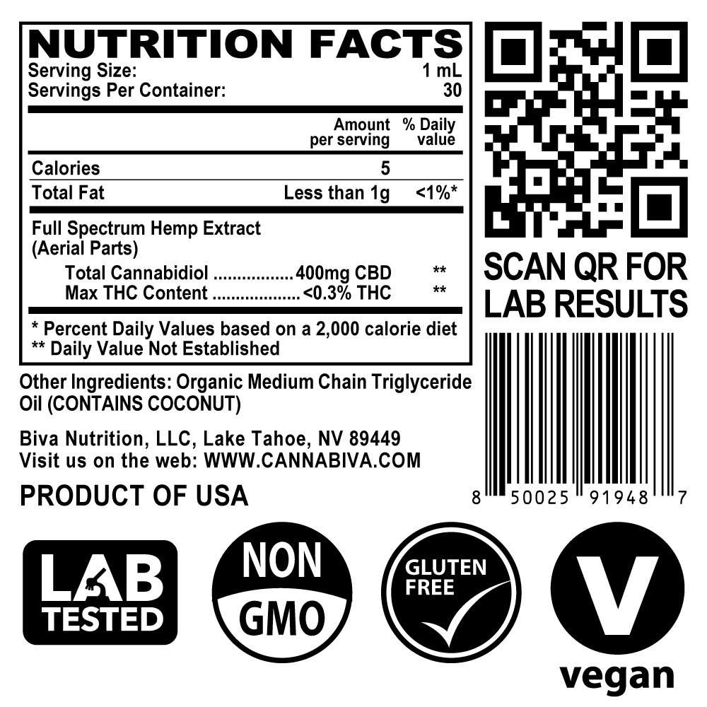 Cannabiva Full Spectrum CBD Oil - 12,000 Milligrams Cannabidiol - 400mg Per Dose - Nutrition Facts Label