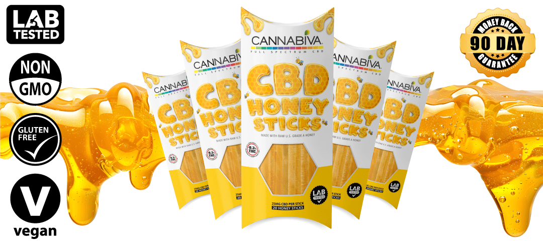 Cannabiva Full Spectrum CBD Honey Sticks Product Family Cannabiva Full Spectrum CBD Honey Sticks made with raw honey and featuring a 90-day money-back guarantee