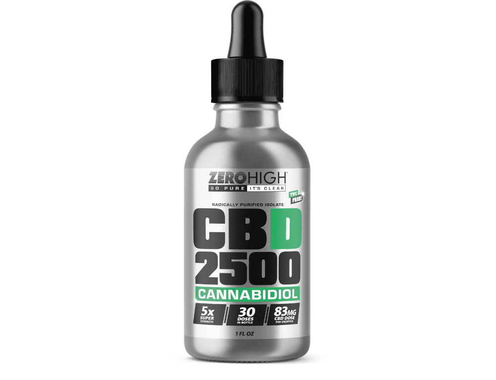 Zero High 2,500 mg CBD Isolate Oil Tincture is third-party lab-tested by ISO-accredited labs.