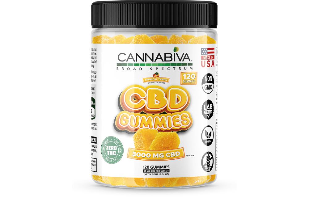 Cannabiva 3,000 mg Broad Spectrum CBD Gummies in Tropical Tango flavor are third-party lab-tested and verified 0.0% THC.