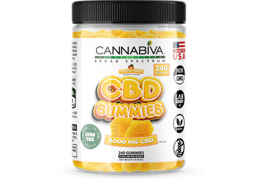 Cannabiva 6,000 mg Broad Spectrum CBD Gummies in Tropical Tango flavor are third-party lab-tested and verified 0.0% THC.
