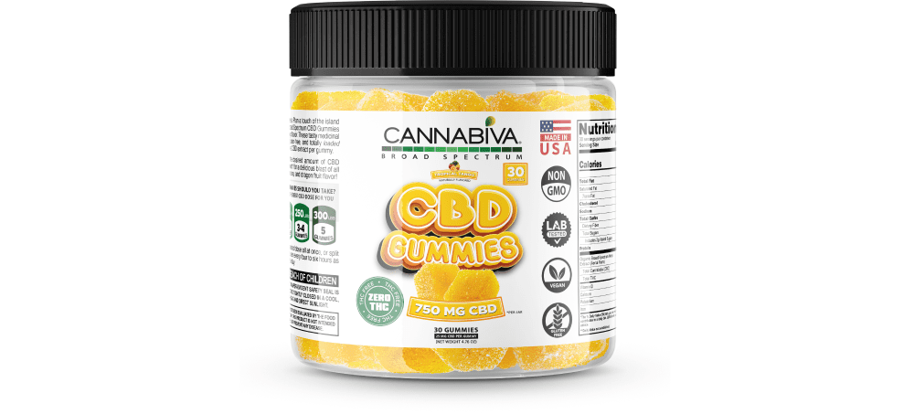 Cannabiva 750 mg Broad Spectrum CBD Gummies in Tropical Tango flavor are third-party lab-tested and verified 0.0% THC.