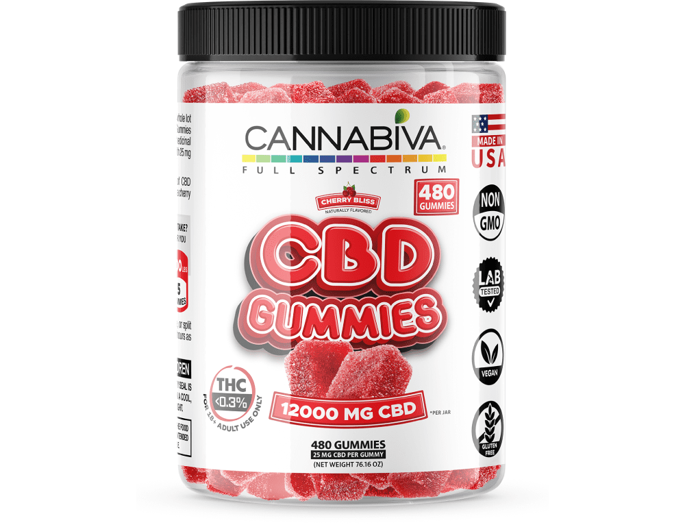 Cannabiva 12,000 mg Full Spectrum CBD Gummies in Cherry Bliss flavor are third-party lab-tested by ISO-accredited labs.